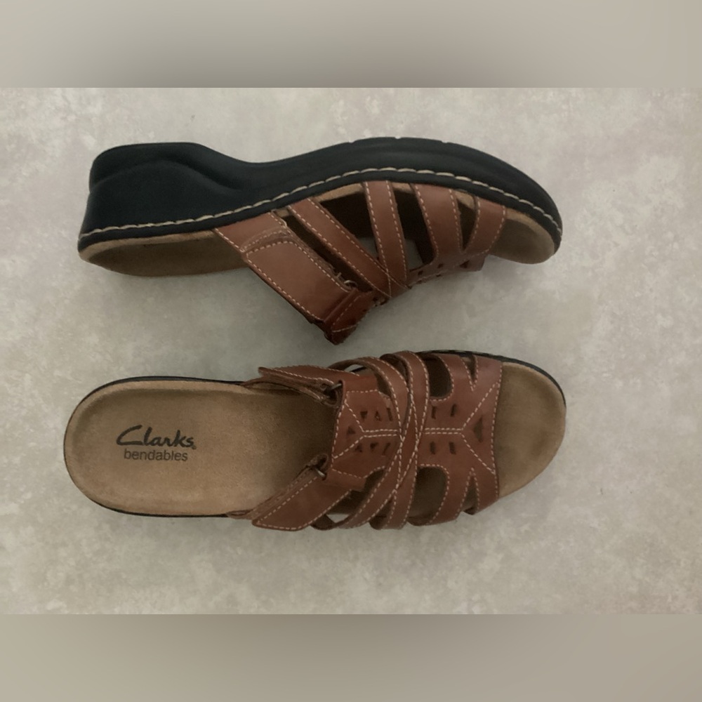 💗 CLARKS Bendables sandals 7.5 leather shoes Lexi Holly slides slip on brown - Picture 4 of 9